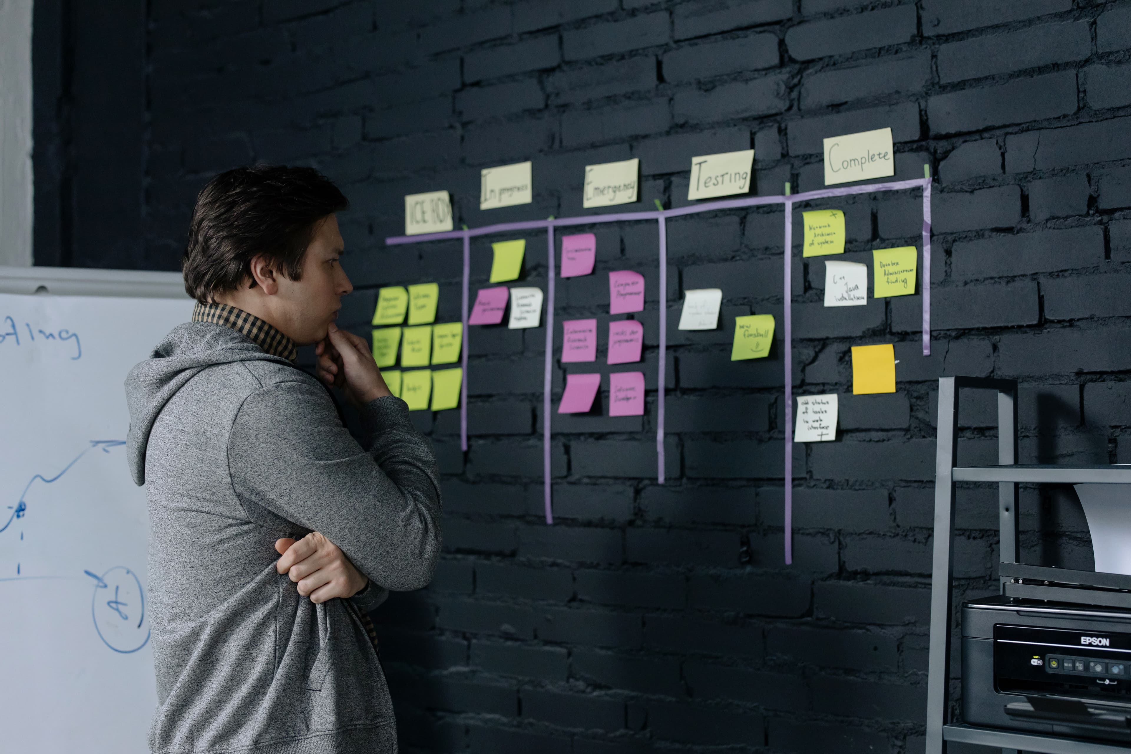 Founder studying a planning board
